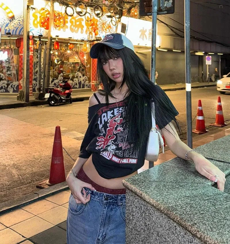 Tee Y2k Letter Print Off Shoulder Punk T-shirts Women Harajuku Summer Streetwear Grunge T Shirt Aesthetic Sexy Crop Tops
