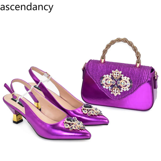 New Arrival Pointed Toe Heels for Women 2026 Elegant Party Diamond Pumps Italian Shoes and Bags Matching Set with Rhinestone