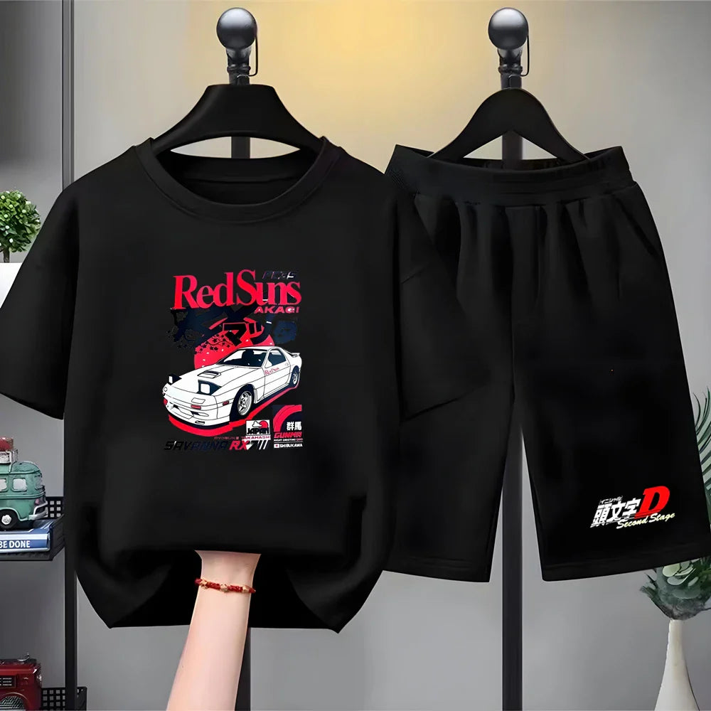 Summer Cool Boy Girl Tshirt Children T-shirt+Shorts Set Japanese manga racing car Fashion Print Toddler 3-12Yrs white clothing
