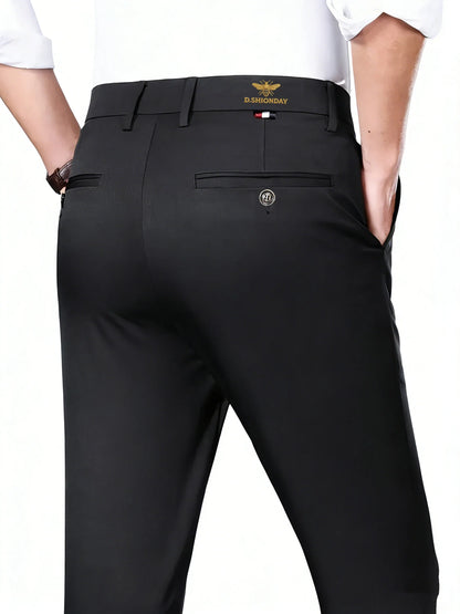 Men's Luxury Bee Waist Logo Business Casual Pants, High Elastic Slim Fit Formal Trousers for Office Commute & Daily Wear