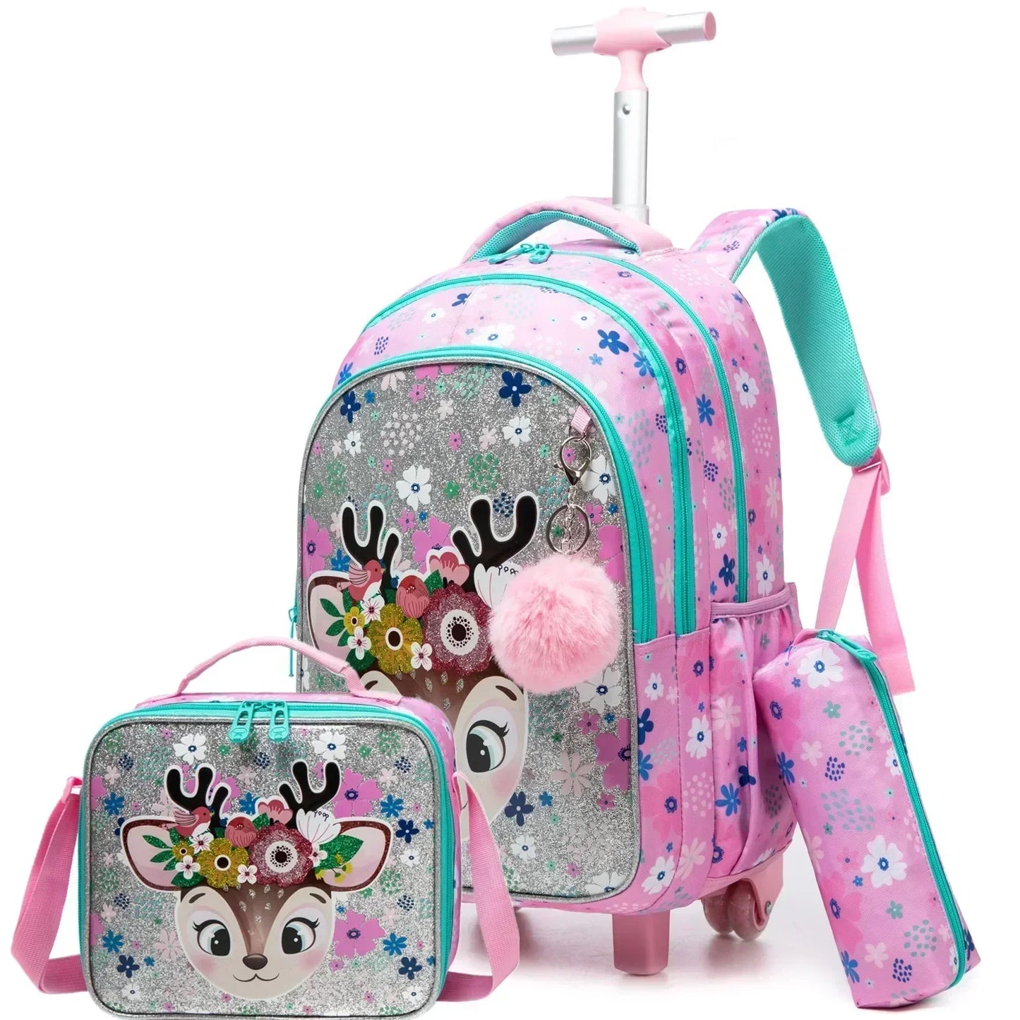 Children's Wheeled Backpack Bag Set with Lunch Box School Rolling Backpack Bag with Wheels School Trolley Backpack Bag for Girls
