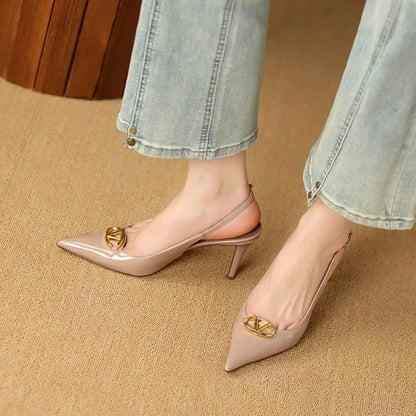 Thin heeled Baotou sandals for women's summer 2026 new style, pointed back strap, metal buckle, versatile high-heeled sandals