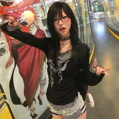 Japanese Y2k Fake Two-piece Tops Trashy 2000s Tattoo Print T-shirt Grunge Aesthetics Patchwork T Shirts Gothic Vintage
