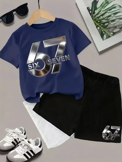 2026 New Cool 67 Funny Printed Kids T-Shirt Shorts Sports Set Fashion Children's Clothes Casual Boy Girl Short Sleeve Shorts Set