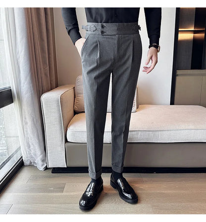 New Spring Autumn High Waist Smart Casual Dress Pants Men Belt Design Slim Suit Pants Formal Wedding Social Party Mens Trousers