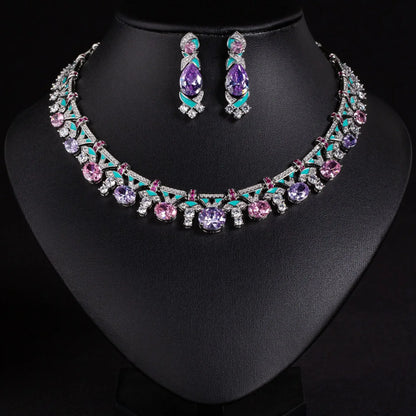 Pop Hot Stereo Jewelry Oil Painting Necklace Earrings Premium Multi-Color 2-Piece Wedding Travel Women's Holiday Gift M-1000