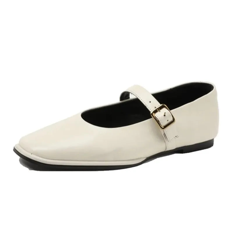 Mary Jane Shoes Female Genuine Leather 2026 New Snap Ballet Shoes Women Square Toe Flat Cowhide Ladies Shoes