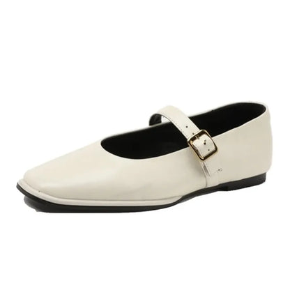 Mary Jane Shoes Female Genuine Leather 2026 New Snap Ballet Shoes Women Square Toe Flat Cowhide Ladies Shoes