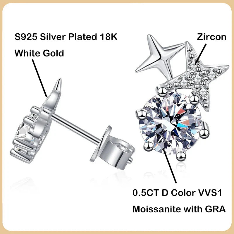 New In D Color 1CT Star Moissanite Stud Earrings For Women Party Fine Jewelry S925 Sterling Silver Diamond Earring