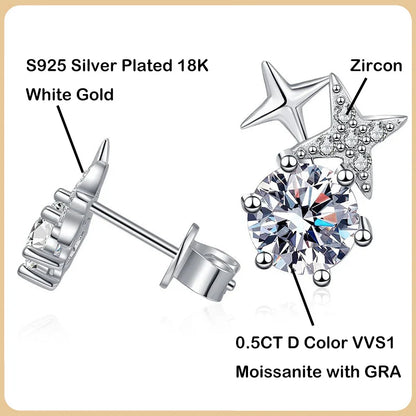 New In D Color 1CT Star Moissanite Stud Earrings For Women Party Fine Jewelry S925 Sterling Silver Diamond Earring