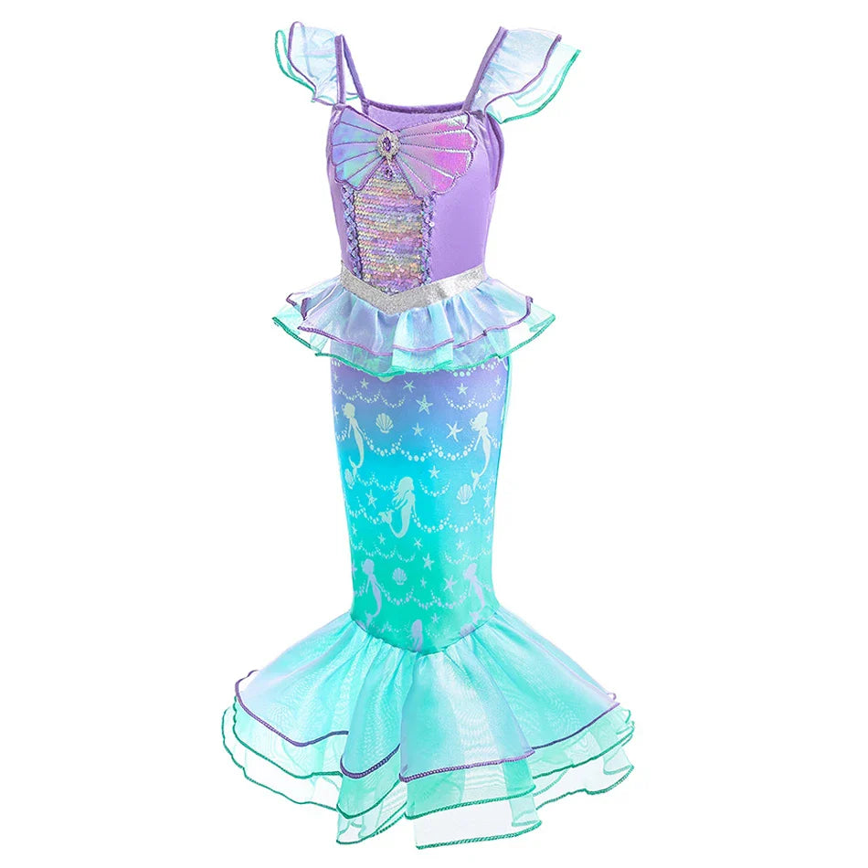 Ariel Cosplay Princess Costume Kids Cartoon Printed Dress Girls Halloween Children Carnival Birthday Party Clothes