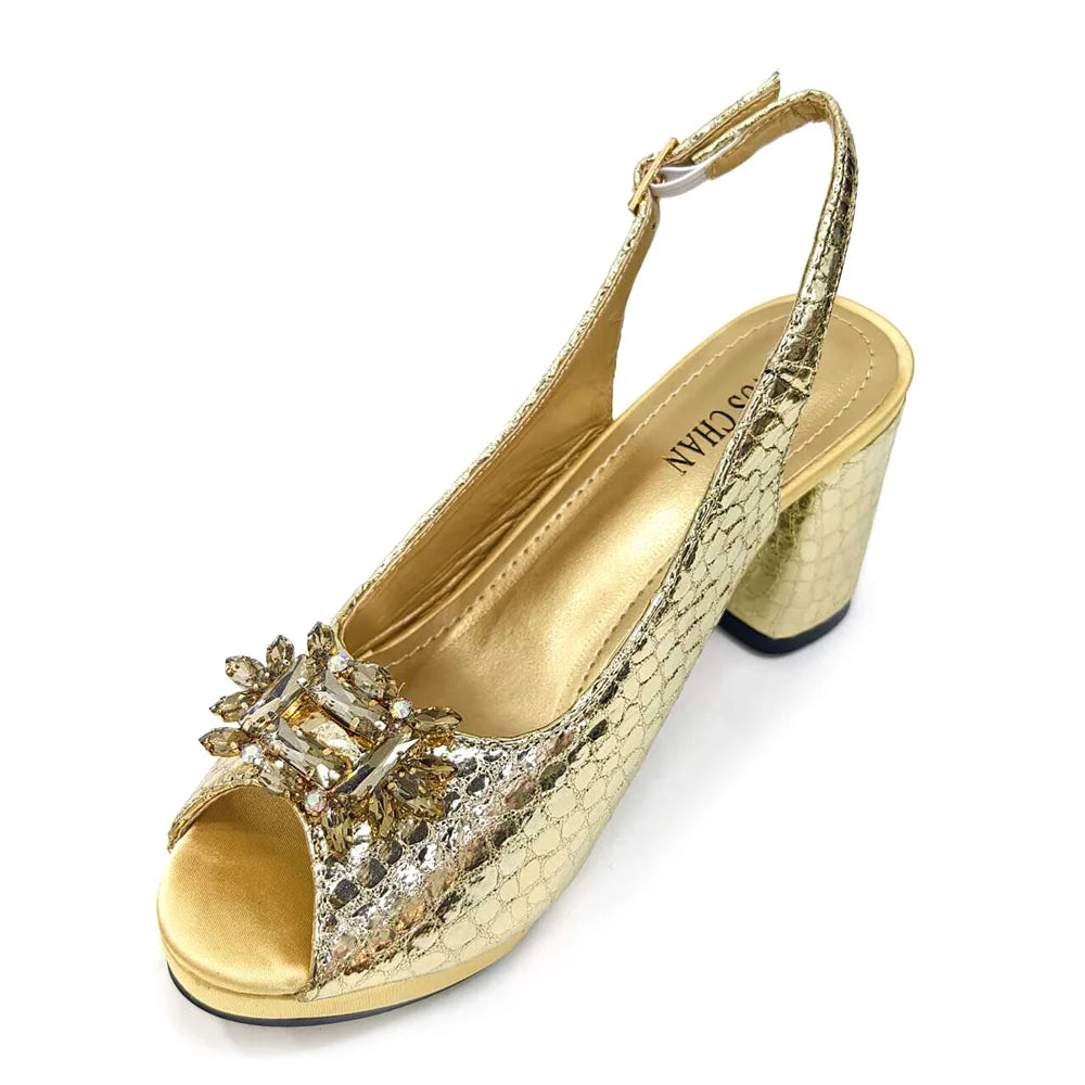 Gold Color Nigeria Fashion Rhinestone-encrusted Ladies Party Shoes And Special Bag High Heels Wedding Handbag