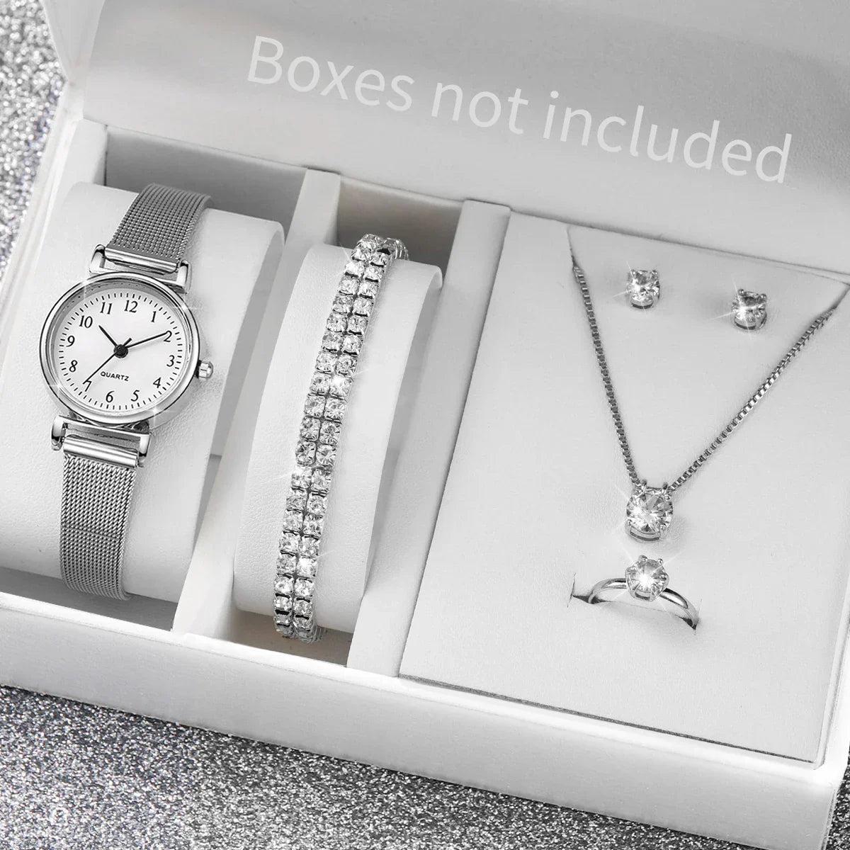 6PCS Fashion Women Watches Small Arabic Dial Quartz Watch Ladies Silver Mesh Band Wristwatches Jewelry Reloj Mujer（Without Box）