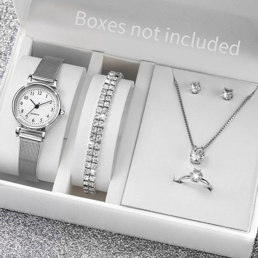 6PCS Fashion Women Watches Small Arabic Dial Quartz Watch Ladies Silver Mesh Band Wristwatches Jewelry Reloj Mujer（Without Box）