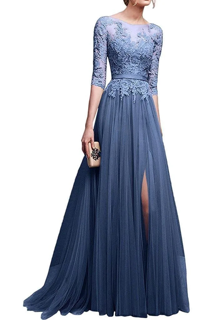 Scoop Neckline Zipper Up Tulle Long Floor-length Dresses Lace Applique Half Sleeve High Split Wedding Evening Party Prom Gowns