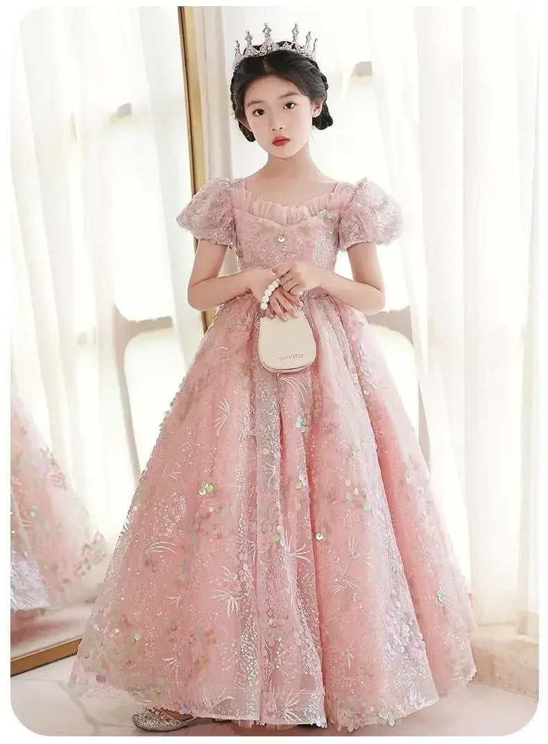 Vestidos de noite infantis bordados de renda, longos vestidos de princesa, vestidos formais elegantes para meninas, vestidos de formatura 3-15 anos, roupas para festa de aniversário