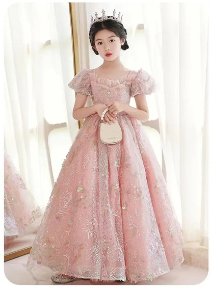 Vestidos de noite infantis bordados de renda, longos vestidos de princesa, vestidos formais elegantes para meninas, vestidos de formatura 3-15 anos, roupas para festa de aniversário