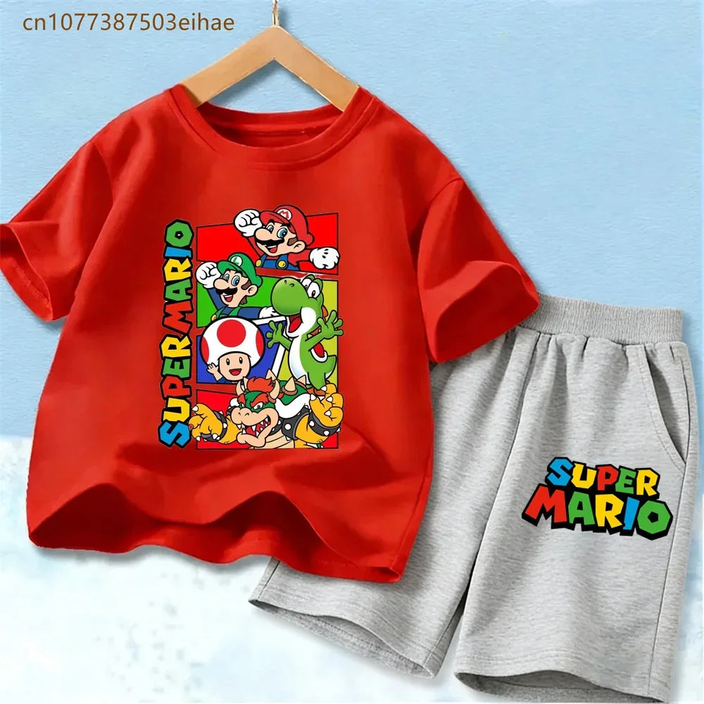 Lovely Mario Pattern Boys Girls Clothing Sets Soft Cotton Short Sleeve T Shirt + Casual Shorts 2PCS Summer Daily Wear Outfits