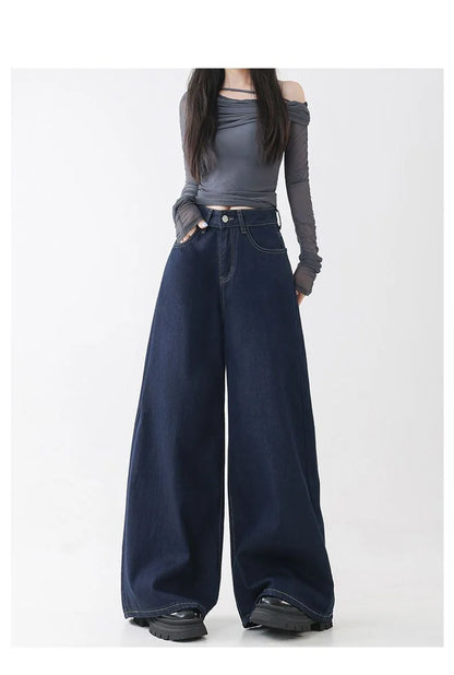 High Waist Straight Leg Loose Fit Denim Jeans Women's Floor Length Lazy Wide Leg Meat Concealing Deep Blue American Style Long P