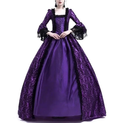 Women Vintage Medieval Gothic Square Neck Flare Sleeve Lace Patchwork Maxi Dress  bodycon dress  dresses