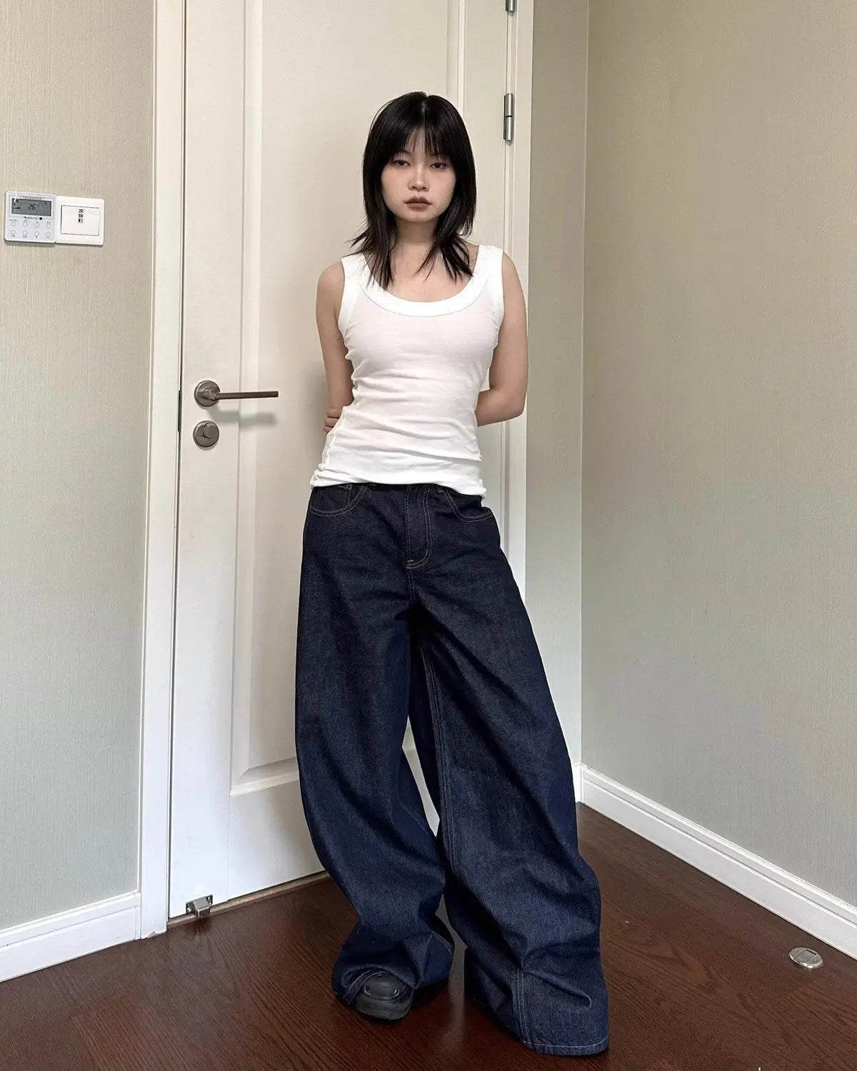 Casual Dark Blue Wide Leg Denim Jeans