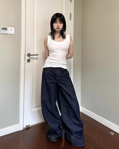 Casual Dark Blue Wide Leg Denim Jeans