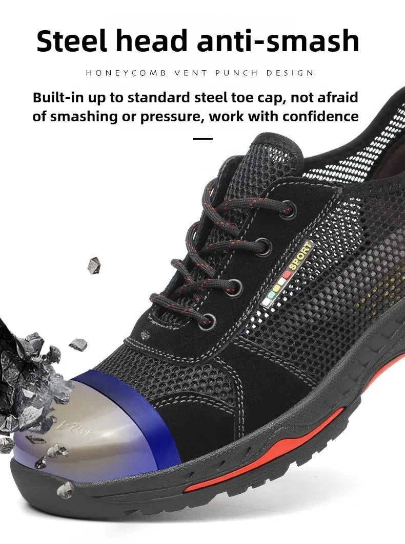 Summer Black Safety Shoes with Steel Toe Lightweight Mesh Ventilation  Puncture-proof Durable Impact-resistant Cool Comfortable