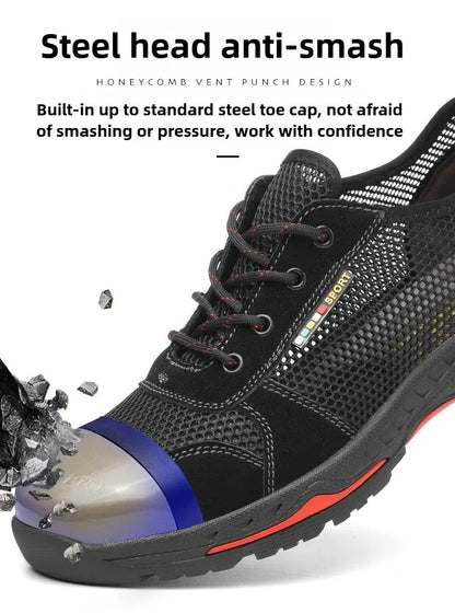 Summer Black Safety Shoes with Steel Toe Lightweight Mesh Ventilation  Puncture-proof Durable Impact-resistant Cool Comfortable