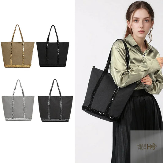 Multi-purpose Canvas Tote Bag with Sequins, Large Capacity for Women's Daily Use