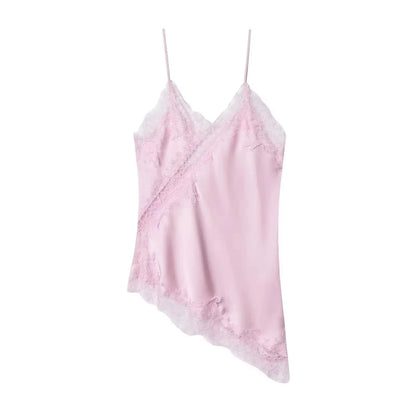 Women Elegant Polka Dot Lace Slip Tops Asymmetrical Hem Tanks Camis Summer Lady Sexy Lace Splicing Club Party Tops Camisole