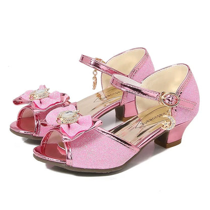 New Girl's High Heel Shoes for Kids Party Wedding Fashion Princess Causal Dress Shoes Sequins Versatile Children's Crown Sandals