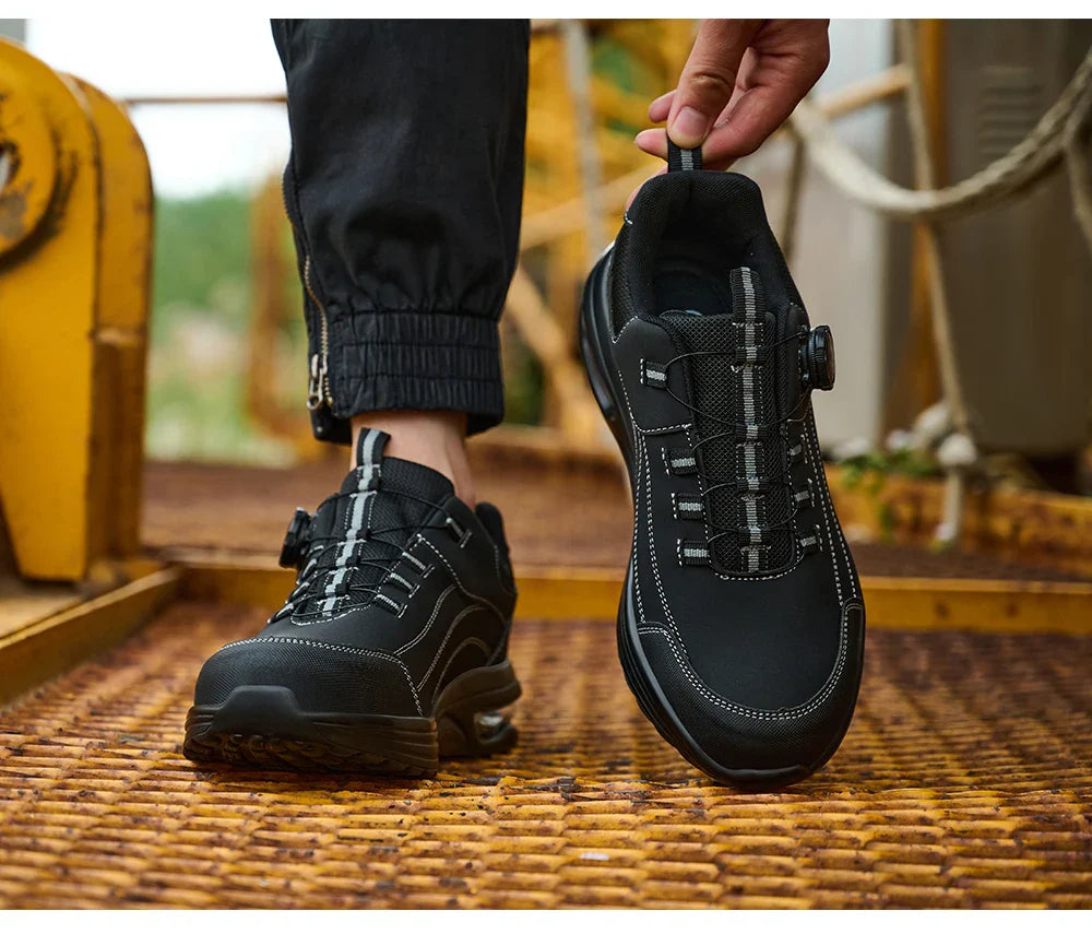 Men's Safety Work Boots Steel Toe Puncture Resistant Kevlar Midsole Air Cushion Black Button Style Industrial Construction Shoes