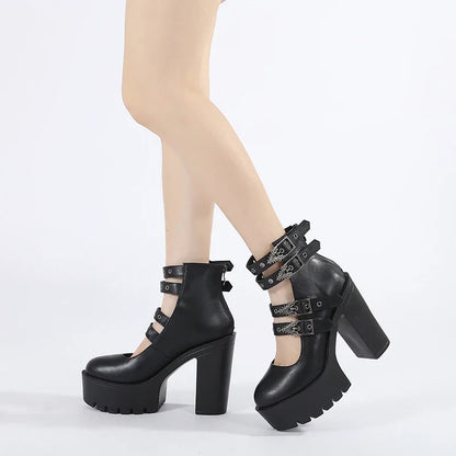 Goth Style Women Block Heels for Halloween Fashion Buckle Strap Dress Pumps Platform Mary Jane Shoes Stylish Back Zipper