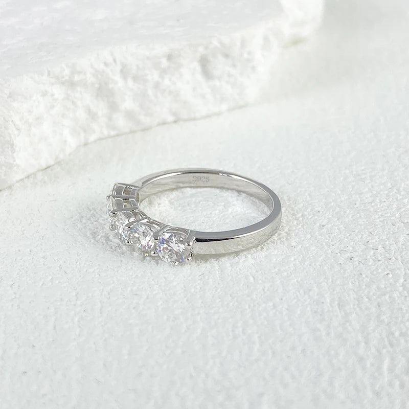 Full 4mm Moissanite Ring for Women 5 Stones Diamond Wedding Band Bride S925 Sterling Silver with White Gold Plated Rings