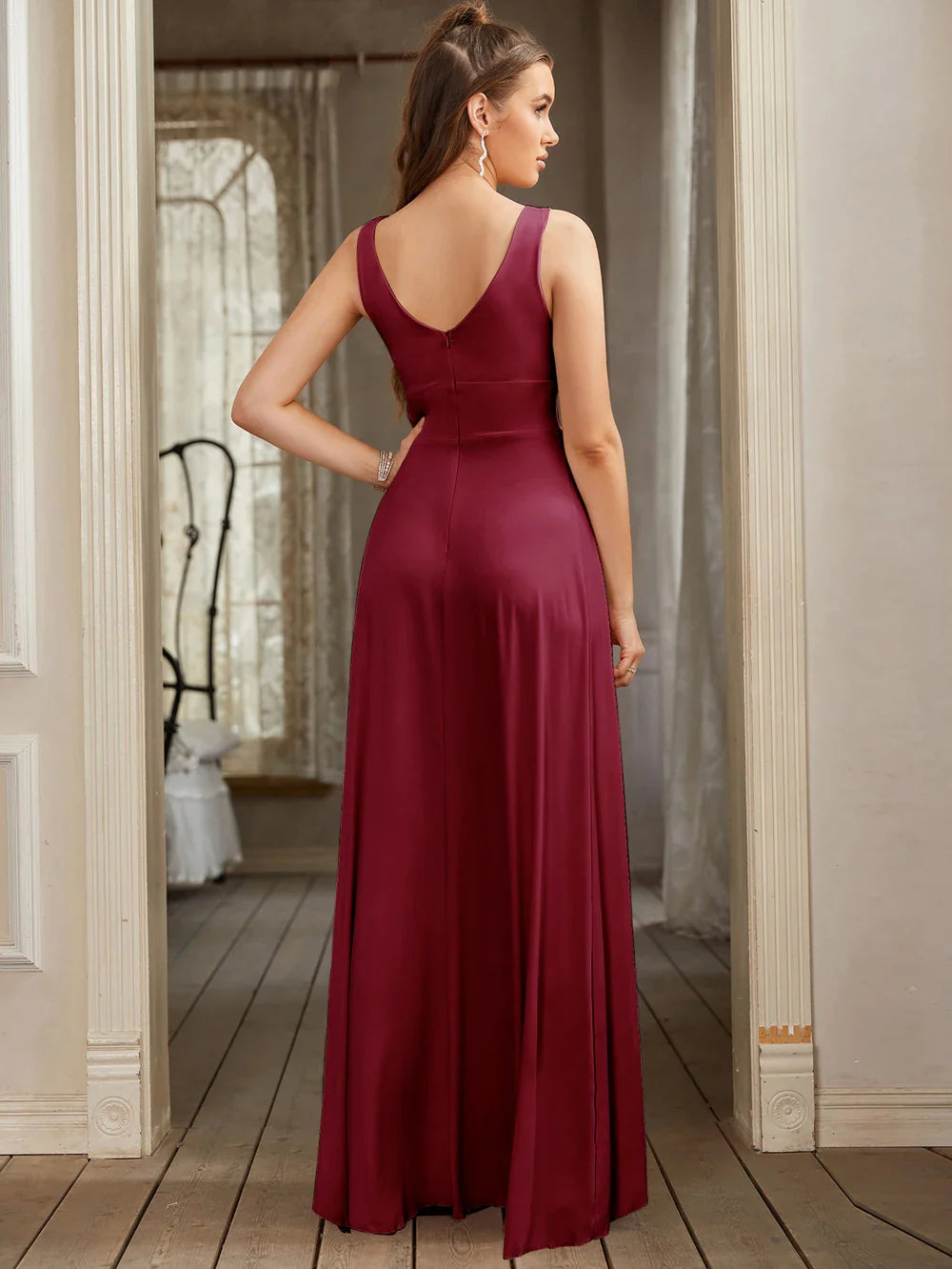 Women Evening Dresses 2025 Sister Group Sexy Split V Neck Backless Sleeveless Formal Wedding Party Prom Gowns Bridesmaid Vestido