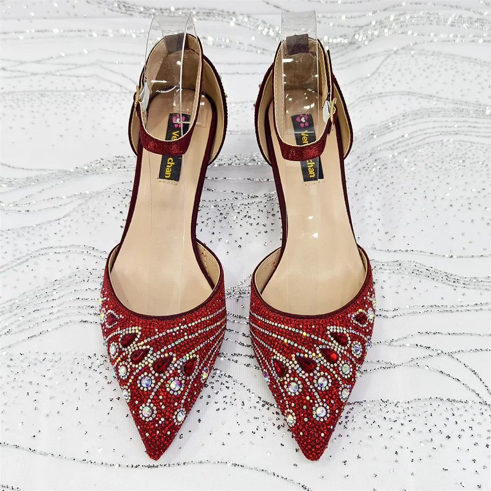 2025 Elegant Rhinestone Pointed Toe Pumps With Matching Bag Set Large Size shoes Big Bag for Women's Party High Heels