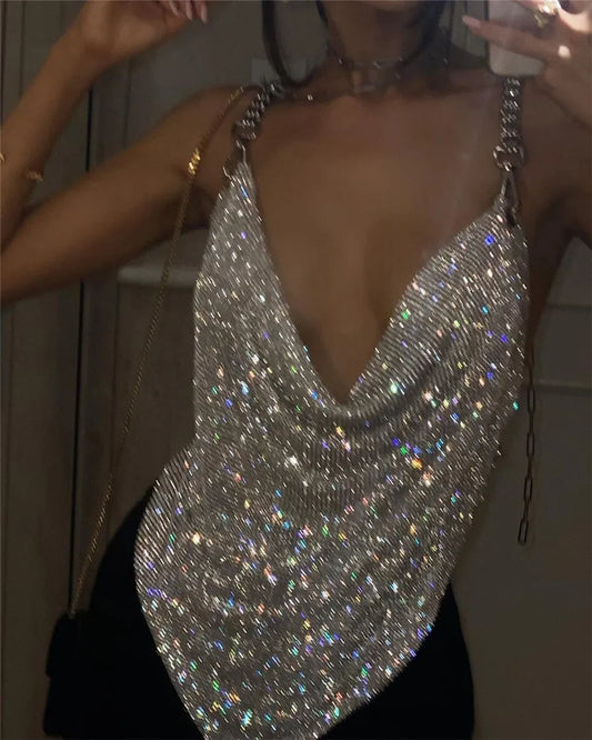 Shiny Rhinestone V Neck Tank Top 2025 Sexy Backless Metal Chain Spaghetti Straps Sling Camisole Women Nightclub Party Crop Top