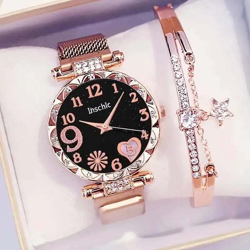 2PCS Fashion Women's Watches Set Magnet Buckle Mesh Strap Analog Quartz Watch Star Bracelet Set Reloj Mujer