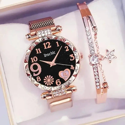 2PCS Fashion Women's Watches Set Magnet Buckle Mesh Strap Analog Quartz Watch Star Bracelet Set Reloj Mujer