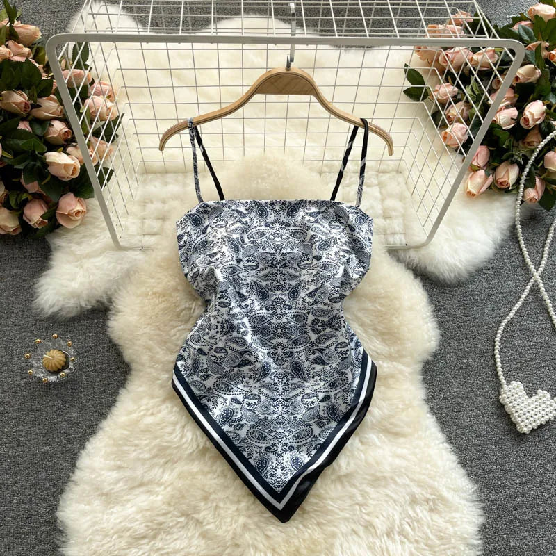 Women Sexy Backless asymmetrical lace-up Camis Print Tank Top Chic One-piece Corset Bustier Summer Beach vacation Crop Top