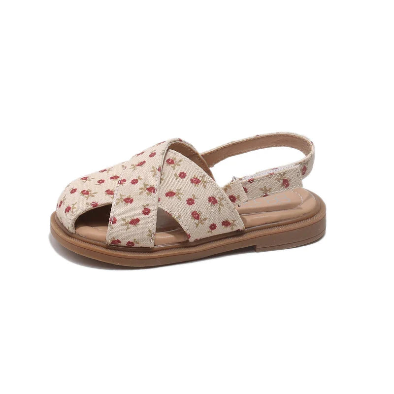 Girls Princess Floral Sandals New Summer Cross Strap Children Beach Shoes Non-Slip Breathable Kids Flat Sandals School Perform