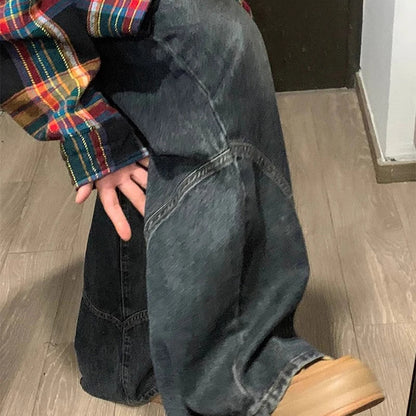 Calça Jeans Y2K Spicy Girl Série Escura Perna Larga Feminina Nova Streetwear Splicing Solta Cintura Alta Modeladora Boca de Sino