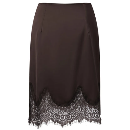 Women Satin Half Slip Skirts Lace Trim Elastic Waist Midi Skirt Elegant Silky Bodycon Knee Length Underskirts