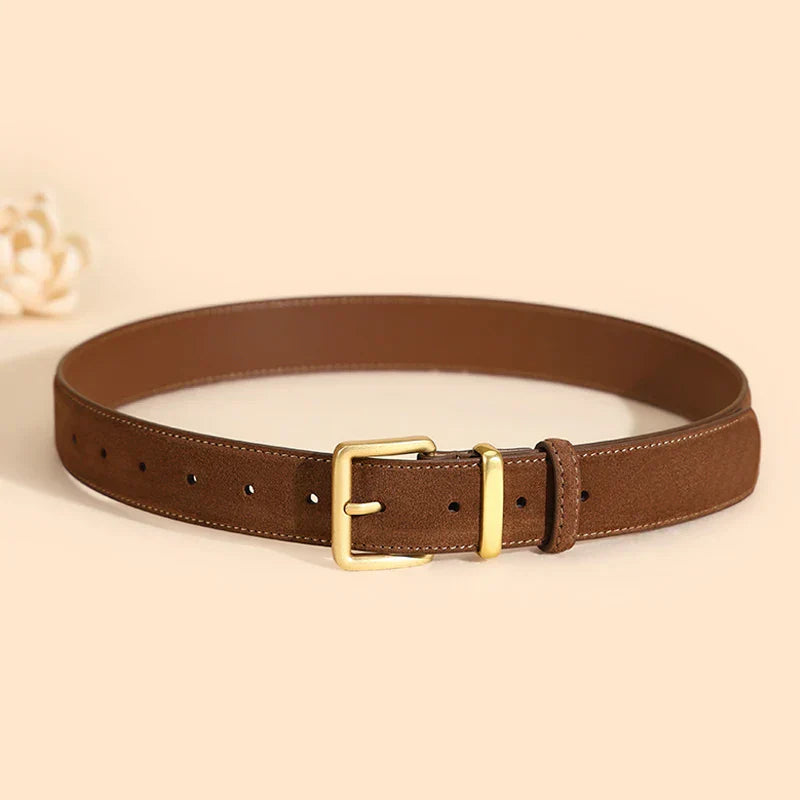 Luxury Suede Cowhide Leather Belt for Women, Vintage Style with Gold Buckle, 3.3cm Wide Waistband for Dresses & Jeans