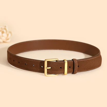 Luxury Suede Cowhide Leather Belt for Women, Vintage Style with Gold Buckle, 3.3cm Wide Waistband for Dresses & Jeans