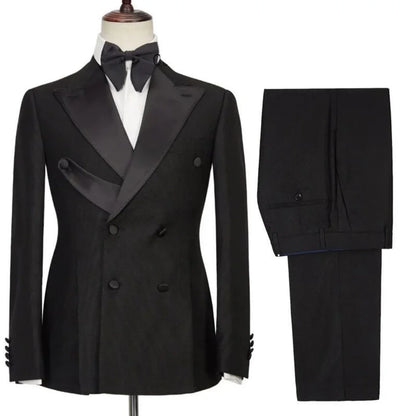 Men Suit 2 Pieces Black With Bright Lapel Double Button For Wedding Groom Banquet Work Birthday Business Daily Jacket And Pants