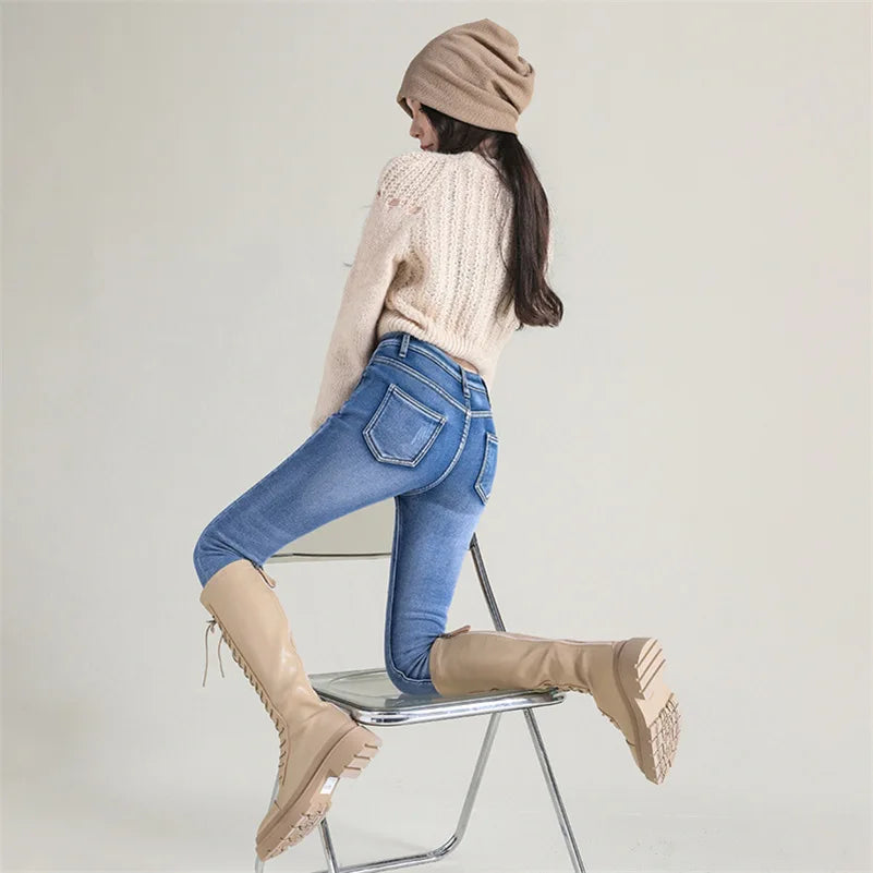 Women Thermal Jeans Winter Snow Warm Plush Stretch Jeans Lady Skinny Thicken Fleece Denim Long Pants Retro Blue Pencil Trousers