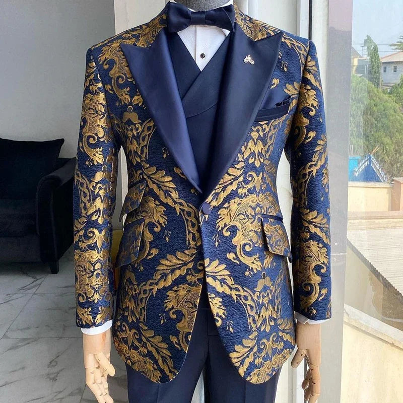 Tuxedo Suits for Men Wedding Slim Fit Navy Blue and Gold Gentleman Male Costume Suit Set