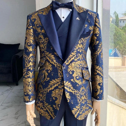 Tuxedo Suits for Men Wedding Slim Fit Navy Blue and Gold Gentleman Male Costume Suit Set