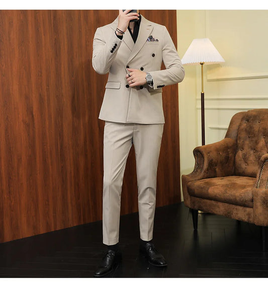 ( Blazers + Pants ) Boutique Fashion Solid Color Double-breasted Men's Casual Business Slim Suit 2-piece Set Groom Wedding Dress